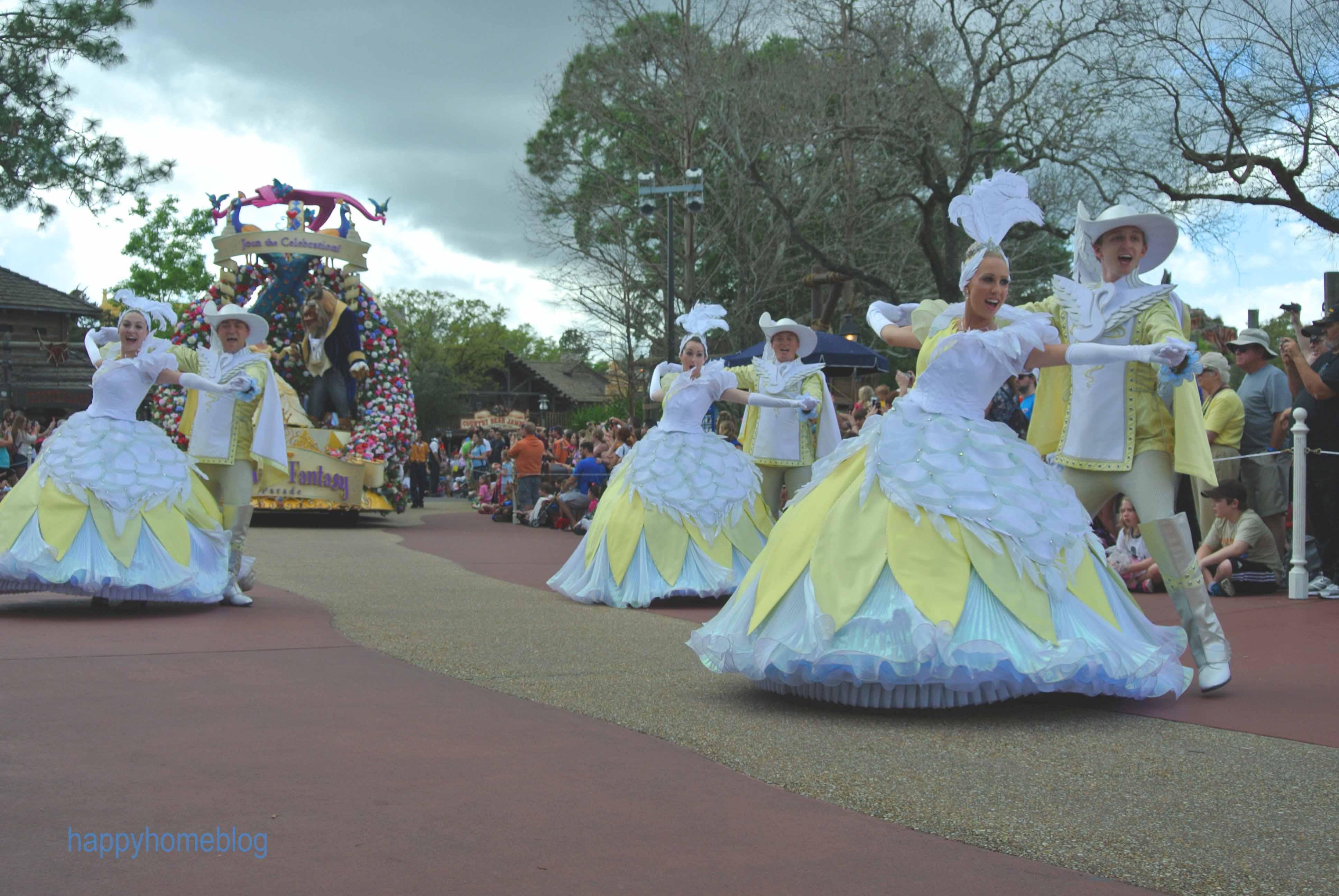 Parade Disney World dancing Ladies and Gents yellow dresses happyhomeblog