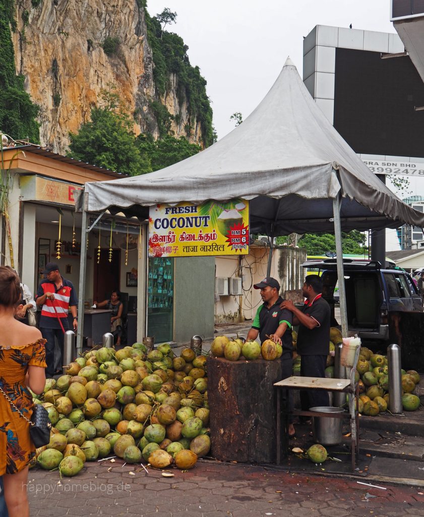 Kokosnusshändler vor den Batu Caves in Malaysia by happyhomeblog.de